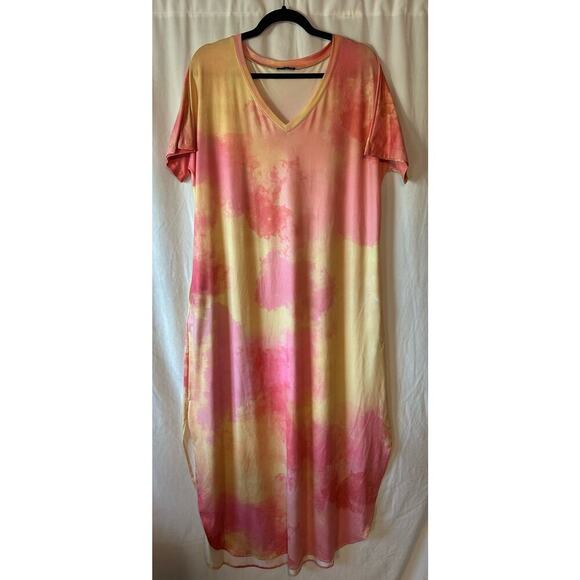 Arolina Dresses & Skirts - Arolina Citrus Pink/Yellow Tie Dye T-Shirt Dress Short Sleeve- Women's 2XL